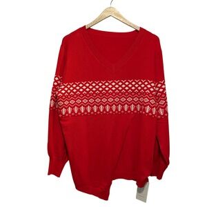 Red Christmas Tree Sweater V Neck Long Sleeve Holiday Pullover Knit Top